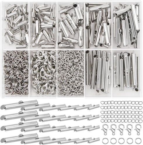 JOJOPLAY All Size Slider Clasp for Beading Slide Tube Cord Ends with Open Jump Rings Lobster Clasp Chain Extender Jewelry Finding Kit Bead Loom En...