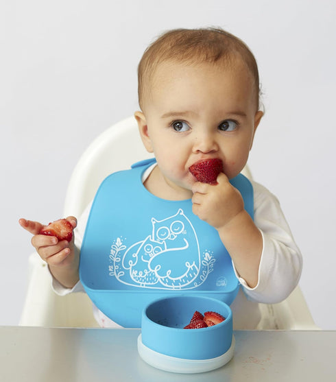 modern-twist Bucket-Bib 100% Food-Grade Silicone, Waterproof and Reusable, Owls – Electric Blue...