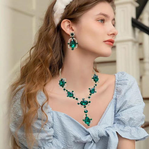 Indian Gold Green Jewelry Sets for Women - Chunky Emerald Dark Green Rhinestone Statement Bib Gold Earrings and Necklace Set Costume Jewelry for W...