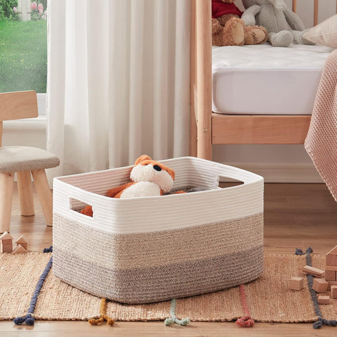 OIAHOMY Cotton Rope Basket, Rectangle Woven Baskets for Storage, Nursery Blanket Basket Living Room, Toy Basket With Handle, Baskets for Organizin...