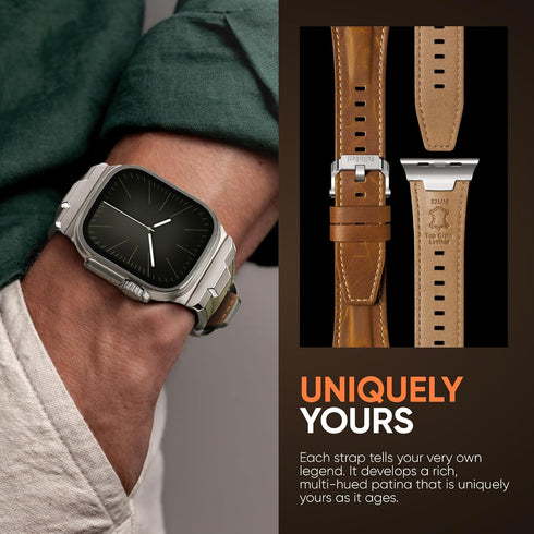 Suitisbest Leather Bands Compatible for Apple Watch Ultra Band 49mm 45mm 44mm 42mm, Genuine Leather Rugged Durable Matel Connector Replacement Str...