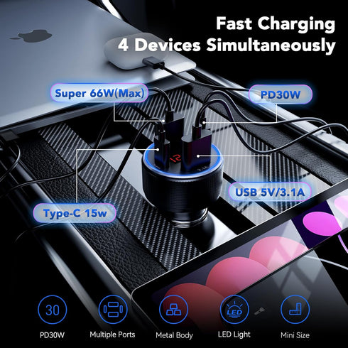 USB C Car Charger Adapter, 78W 4 Port Metal Car USB Charger with Voltmeter Dual USB C Car Phone Charger Fast Charging Type C Cigarette Lighter Ada...