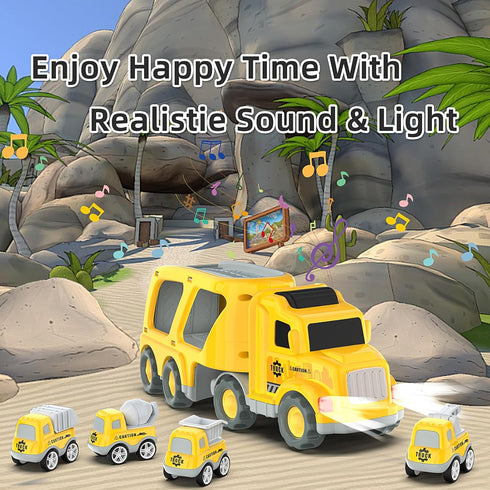 Trucks Cars Toys for 3 4 5 6 7 Year Old Boy Toddler, 5 in 1 Carrier Transport City Vehicles Toys with Light Sound, Christmas Birthday Gift for Tod...