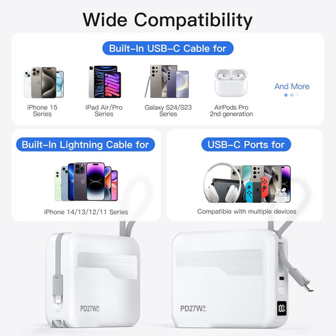 Portable Charger Built-in Cables & AC Wall Plug 20000mAh, USB C 27W Fast Charging Power Bank with LED Display, Portable Battery for iPhone 15/14/1...