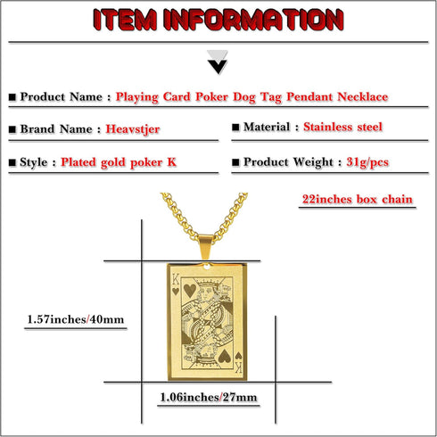 Punk Rock Stainless Steel Playing Card Poker Dog Tag Pendant Necklace...