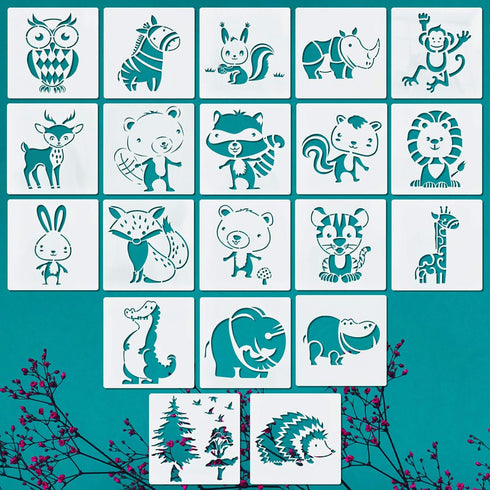 20PCS Animals Stencils Reusable, ULENDIS Rabbit Squirrels Giraffes Lions Elephants Painting Template, Plastic Drawing Template for DIY Crafts Pain...