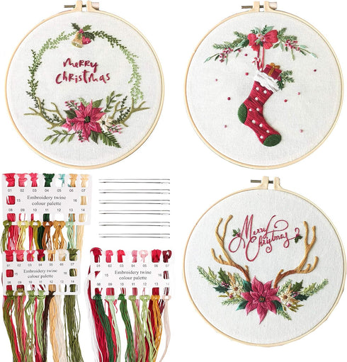 HaiMay 3 Sets Embroidery Starter Kit with Pattern and Instructions, Cross Stitch Kit Include 3 Embroidery Clothes with Christmas Pattern, 3 Bamboo...