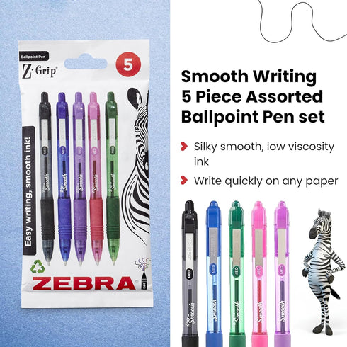 Zebra Pen Z Grip Smooth Multi- Coloured & Black Ballpoint Pens, Smooth & Comfortable Retractable Pens With Pocket Clip, Multipack Biro Pens - Medi...