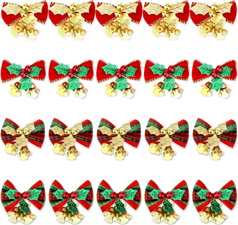 20 Pcs Christmas Mini Bow with Bells, 4 Styles - Traditional, Rustic, Whimsical, Minimalist - Red, Green, Gold - Christmas Ornaments...