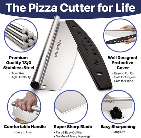 KitchenStar 16-Inch Pizza Cutter Rocker Blade - Sharp Stainless Steel Slicer Knife, Protective Cover, Dishwasher Safe, Large - Professional Pizza ...