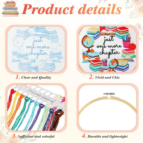 Unittype 4 Set Embroidery Kit for Adults Book Lovers, DIY Cross Stitch Kit with Bamboo Hoops, Needles, Threads, Instructions...