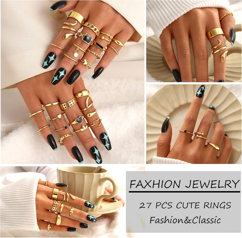 FAXHION 27 Pcs Gold Knuckle Rings Set for Women, Vintage Stackable Boho Snake Finger Rings, Midi Hollow Rings Pack...
