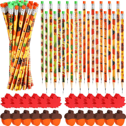 30 Set Fall Themed Pencils Thanksgiving Party Pencils Thanksgiving Wood Pencils and Bulk Mini Maple Leaf Acorn Erasers Mini Erasers for Thanksgivi...