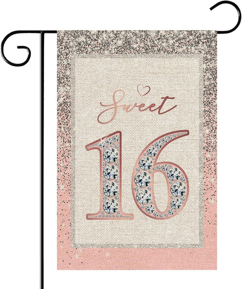 Sweet 16 Garden Flag / 16th Birthday Yard House Lawn Sign / 16th Wedding Anniversary Door Yard Lawn Sign Decor/Sweet Sixteen Party Indoor Outdoor ...