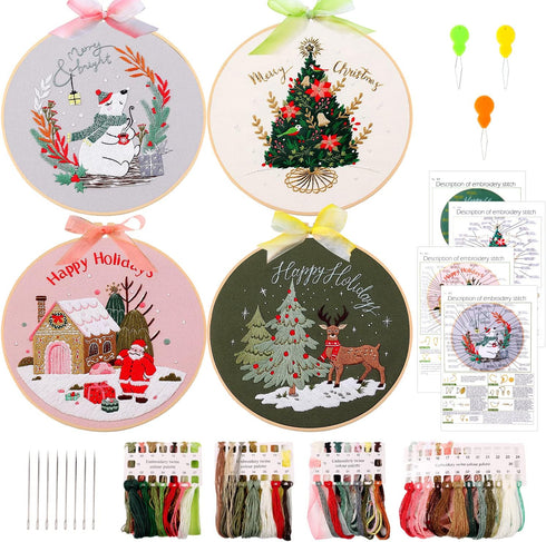4 Sets Christmas Embroidery Starter Kit with Pattern for Beginners, Embroidery Kits with Christmas Pattern, Cross Stitch Set with 4 Plastic Embroi...