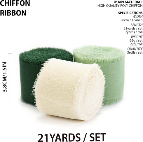 Vitalizart 3 Rolls Handmade Fringe Chiffon Silk Ribbon 1 1/2 Inch x 7Yd Cream & Green Ribbons Set for Wedding Invitations Bridal Bouquets Gifts Wr...