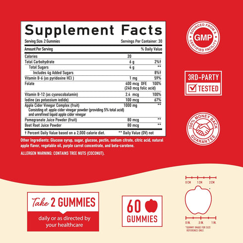 Apple Cider Vinegar Gummies | 1000mg | With The Mother | Support Weight Loss, Immunity, Energy & Detox | Vitamins B9, B12, Beetroot & Pomegranate ...