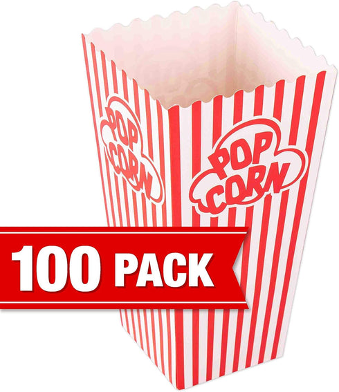 GSM Brands Popcorn Containers Boxes (100 Pack) - Striped White and Red Paper - for Home Movie Theater...
