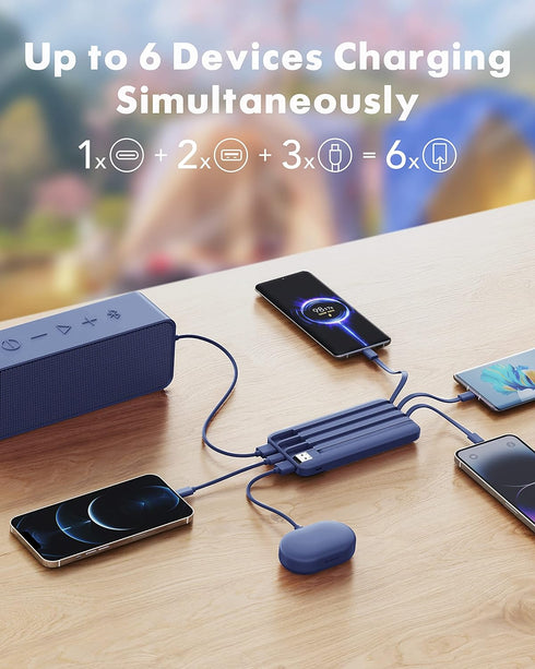Portable Charger with Built in Cables, Portable Charger with Cords Wires Slim 10000mAh Travel Essentials Battery Pack 6 Outputs 3A High Speed Powe...