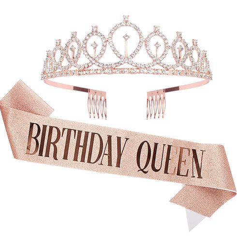 CAVETEE Birthday Crown and Sash for Women - Rose Gold Rhinestone Tiara Set and Sash for Decorations...