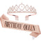CAVETEE Birthday Crown and Sash for Women - Rose Gold Rhinestone Tiara Set and Sash for Decorations...
