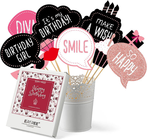 Birthday Photo Booth Props Kit - Happy Birthday Party Favors Supplies Bday Party Decoration Set with Real Glitter Cute Bday Designs for Women - Ea...