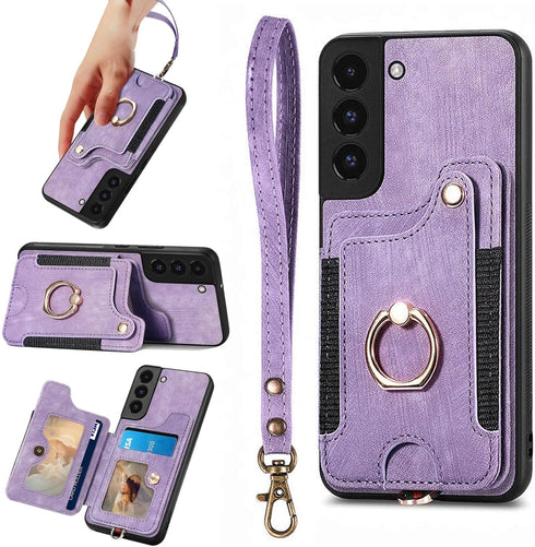 S22 Case,Card Holder Wallet for Samsung Galaxy S22 Case,Ring Holder Stand,RFID-Blocking,Wrist Strap,Camera Protector,Leather Protective Magnetic F...
