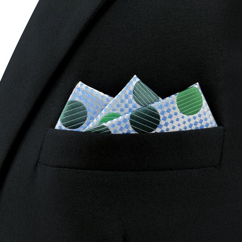 S&W SHLAX&WING Pocket Squares for Men Polka Dots Emerald Green Silver Blue Color Edge...
