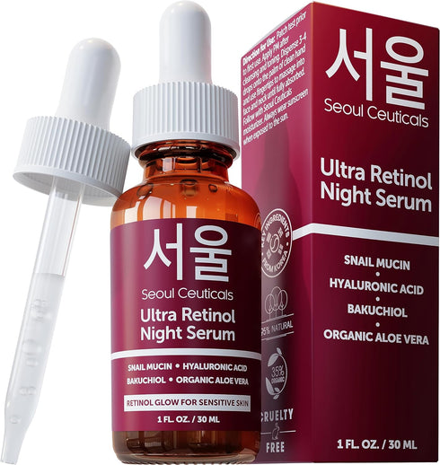 SeoulCeuticals 1% Korean Retinol Night Serum for Face - 97.5% Snail Mucin + Hyaluronic Acid + Bakuchiol, Cruelty Free K Beauty for Sensitive Skin ...