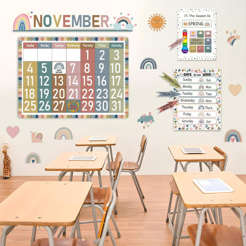 Augisteen 126 Pcs Boho Rainbow Calendar Bulletin Board Set with Seasons Festival Weather and Days of The Week Boho Classroom Calendar Cutouts Deco...
