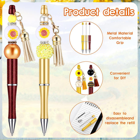 Teling 12 Pcs Beadable Pens Plastic Black Ink Ballpoint Pen with Assorted Spacer Beads Silicone Beads and Tassels and 12 Pcs Lobster Clasps for Of...
