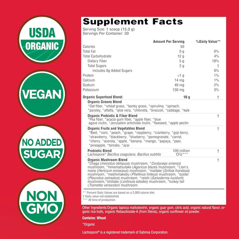 COUNTRY FARMS Super Greens Berry Flavor, 50 Organic Super Foods, USDA Organic Drink Mix (Wheat Grass, Spirulina, Chlorella) Mushrooms & Probiotics...