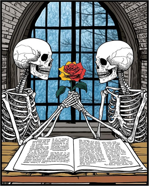 Posterizer 1 pcs-romantic skeletons sharing a flower and reading books 4-Gothic Art-Romantic Art-Living Room Bedroom Decor- unframed wall art...