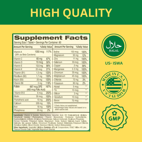 Greenfield Nutritions Halal Multivitamins for Women and Men - 60 Gelatin Free Multivitamin Tablets with 27+ Vitamin Minerals, A, B12, C, D3, Iron ...