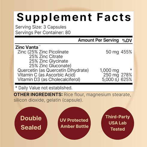 NatureBell Zinc Quercetin with Vitamin C & D3, 240* Capsules | Quercetin 1,000mg, 4 in 1 Zinc 50mg, Vitamin C 250mg, Vitamin D3 5,000 IU – ZincVan...