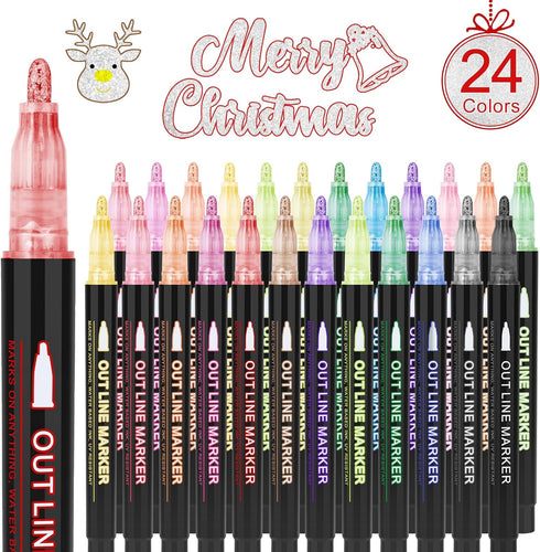 24 Pack Double Line Outline Markers, Squiggles Shimmer Markers Set, Self Outline Metallic Glitter Marker Pens for Christmas,Art, Drawing, Writing,...