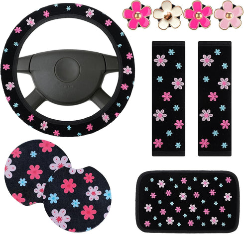 10 Pcs Embroidery Cute Flower Car Accessories Set Floral Steering Wheel Cover Car Air Vent Clips Center Console Armrest Cushion Car Cup Mats Seat ...