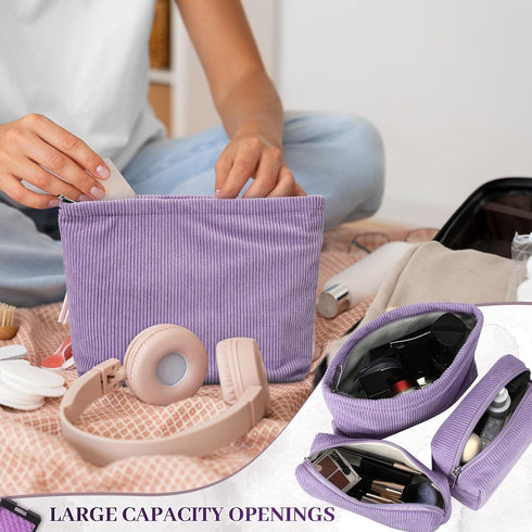 3 Pack Corduroy Makeup Bags, Travel Cosmetic Bags Cute Makeup Bags Corduroy Cosmetic Pouch with Zipper Preppy Skincare Bags Washable Portable Toil...
