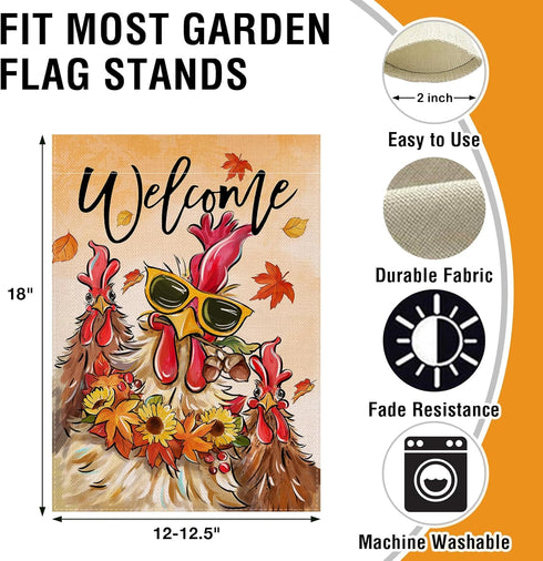 Welcome Fall Rooster Small Decorative Garden Flag, Autumn Farm Animal Sunflower Maple Leaves Yard Lawn Outside Decor, Farmhouse Rustic Burlap Outd...