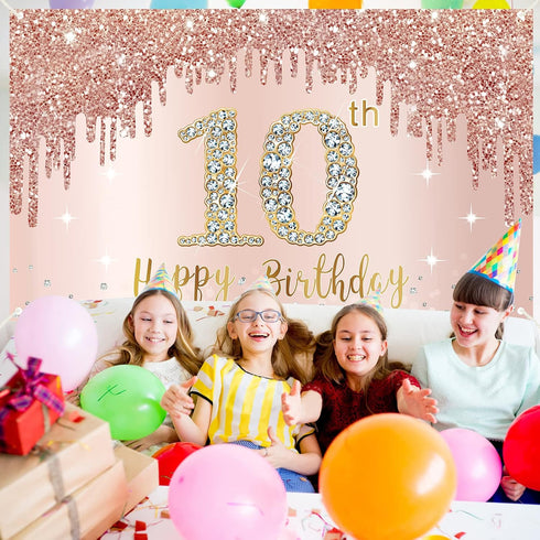 Sweet 10th Birthday Banner Backdrop Decorations for Girls, Rose Gold 10 Birthday Party Sign Supplies, Pink 10 Years Old Birthday Poster Background...