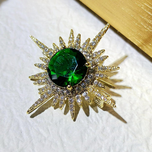 Excellent Gold and Emerald Starburst Pin Brooch Planet Sun Burst Jewelry...