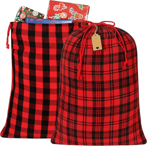 HRX Package 2pcs Cotton Santa Bag, 28x20 inch Plaid Fabric Drawstring Christmas Bags, Reusable Cloth Wrapping Bag with Gift Tag for Xmas Presents...