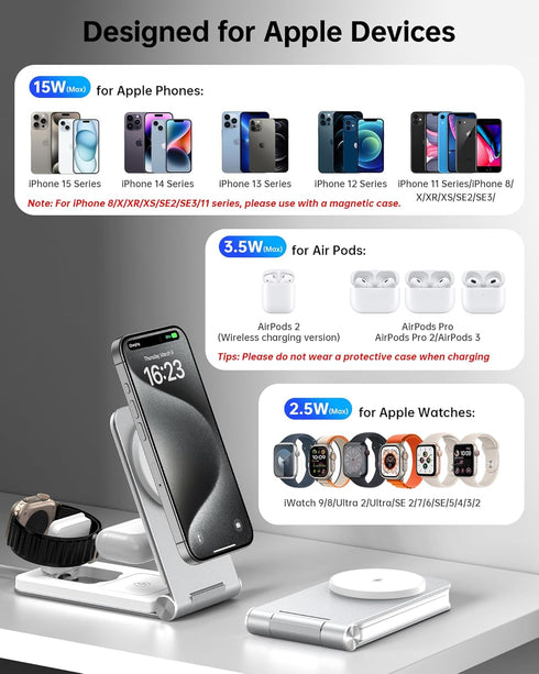 Facbiny Foldable 3-in-1 Magsafe Charger Stand with 20W Adapter, Aluminium Alloy Magnetic Wireless Charging Station for iPhone 15/14/13/12 Series, ...