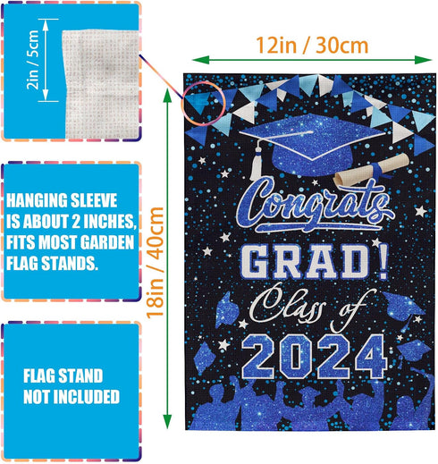 PAMBO Graduation Garden Flag Class of 2024, Blue Congrats Grade Flag for Outside Hanging Decors 12x18 Inch Burlap...