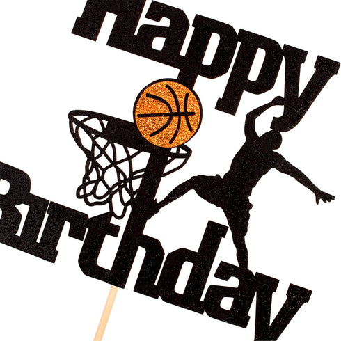 Unimall Basketball Happy Birthday Cake Topper Basketball Scene Themed Cake Fruit Picks for Man Boys Father Birthday Event Party Supply Black Glitt...