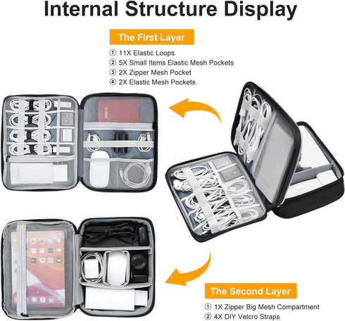 Large Capacity Electronics Accessories Organizer Travel Case with Adjustable Divider Waterproof Leather Cord Organizer Case Shockproof Tech Organi...