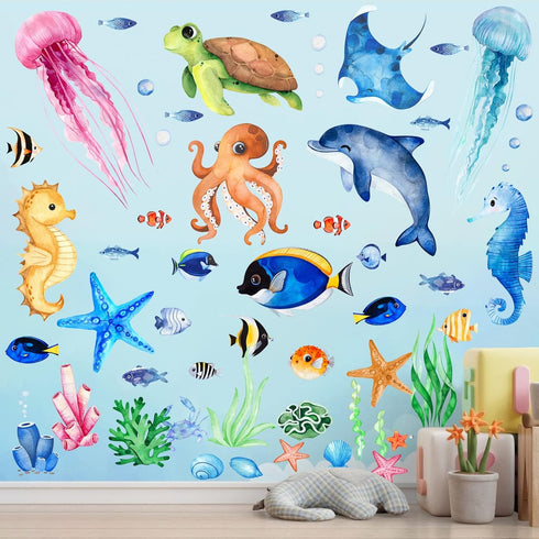 4 Sheets Ocean Fish Wall Decals Stickers Sea Wall Decal Stickers Removable Sea Life Marine Animal Sticker Underwater Ocean Creatures Decor for Kid...