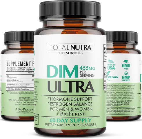 DIM Supplement: DIM Ultra 455mg Diindolylmethane, Broccoli, BioPerine Natural Estrogen Blocker for Men, Female Hormone Balance for Women Menopause...