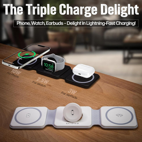 Charging Station for Multiple Devices - 3 in 1 Mini Wireless Foldable Magnetic Charger Dock - Travel Charging Pad (Compatible with iPhone 15/14/13...