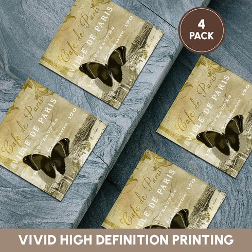 3dRose cst_164525_3 Cafe De Paris Vintage Butterfly Chic Art-Ceramic Tile Coasters, Set of 4...